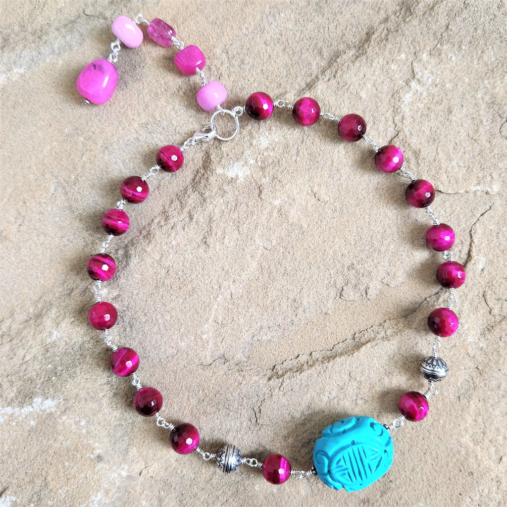 HOT PINK TIGERS EYE NECKLACE-16"