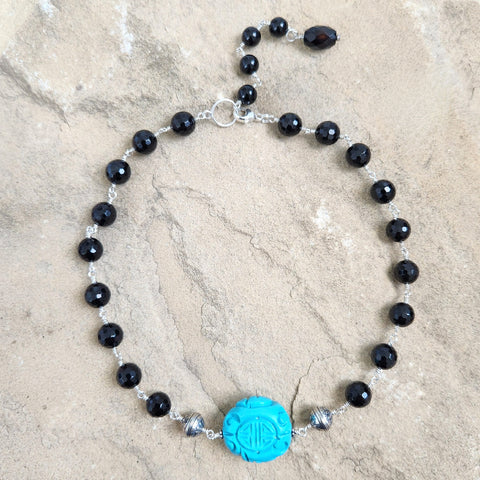 BLACK ONYX-CARVED BEAD-NECKLACE-16"
