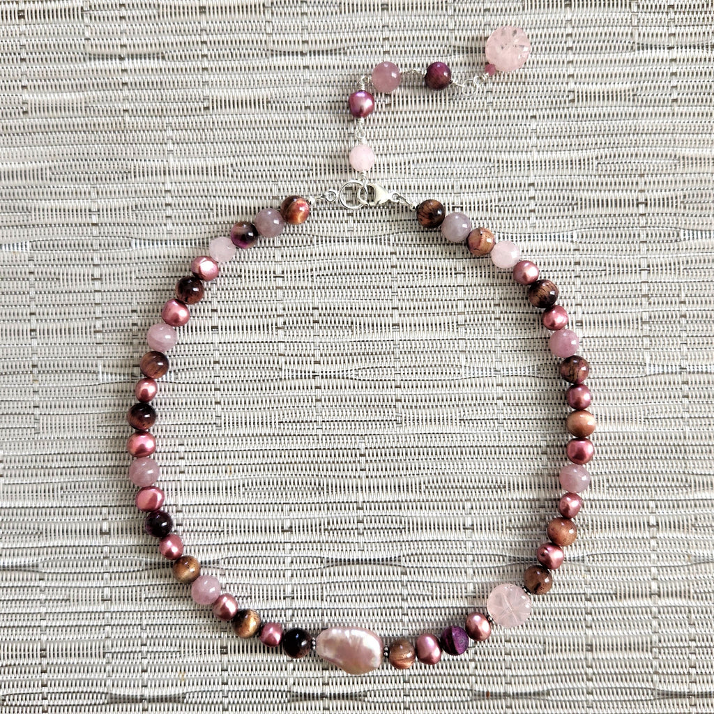 ROSE PEARLS MIXED GEMSTONE NECKLACE-16"