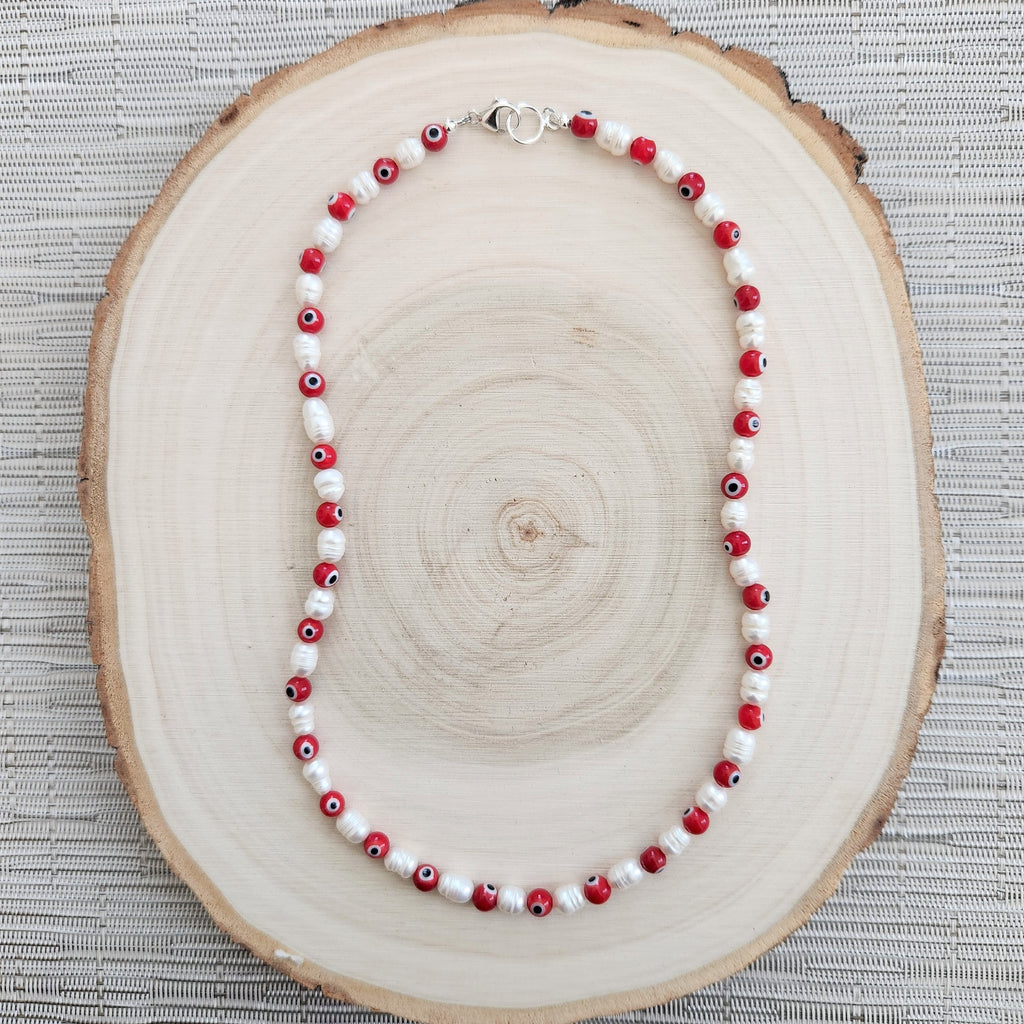 EVIL EYE & PEARL NECKLACE-RED-19"