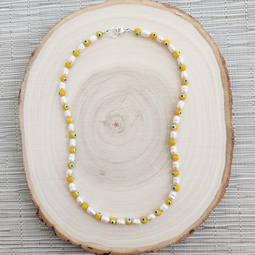 EVIL EYE & PEARL NECKLACE-YELLOW-19"