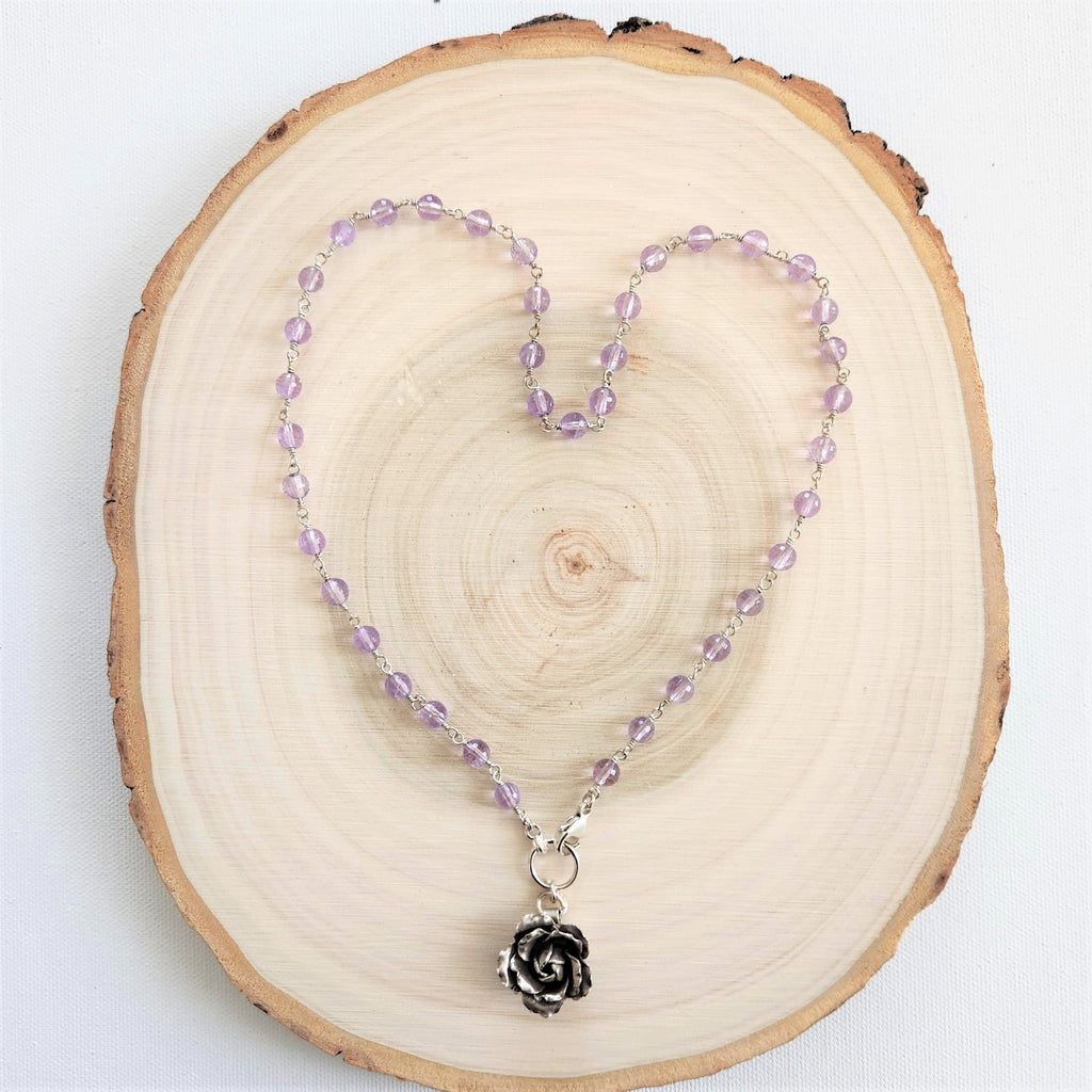 PINK AMETHYST (6MM) NECKLACE WITH ROSE PENDANT-20"
