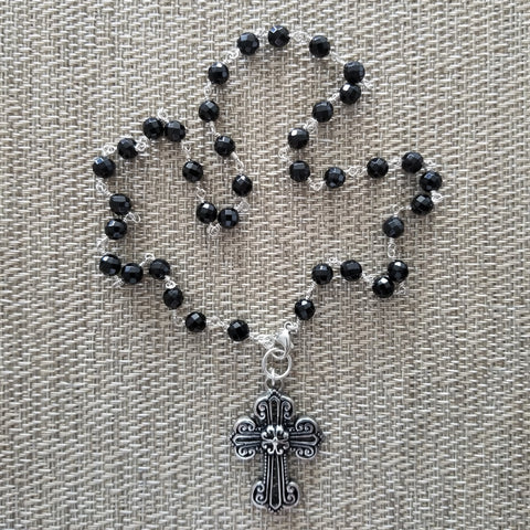 BLACK ONYX (6MM) NECKLACE WITH CROSS PENDANT-20"