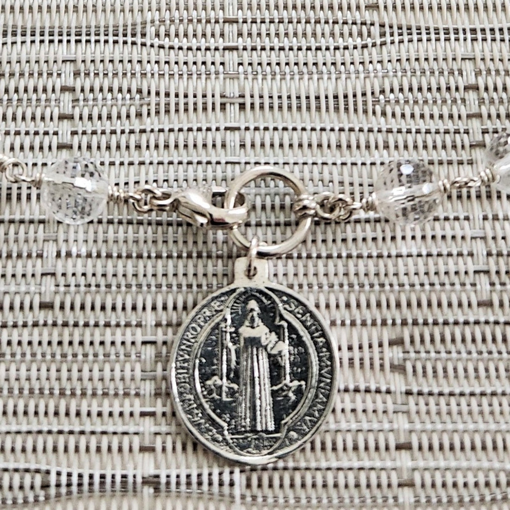CLEAR QUARTZ (8MM) NECKLACE WITH ST BENEDICT MEDAL-16"