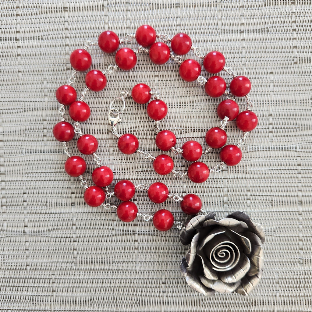 RED CORAL NECKLACE W/ ROSE PENDANT-24IN
