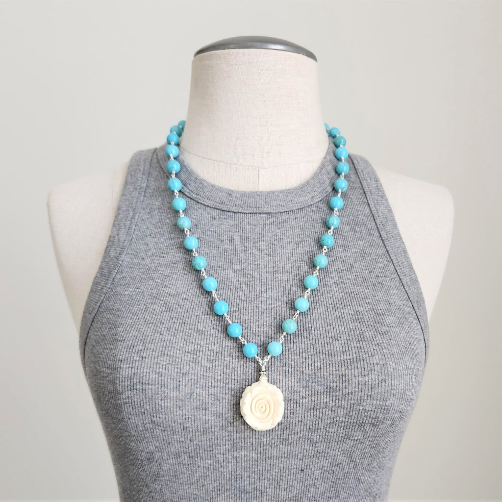 HOWLITE (10MM) NECKLACE WITH LOTUS PENDANT-24"