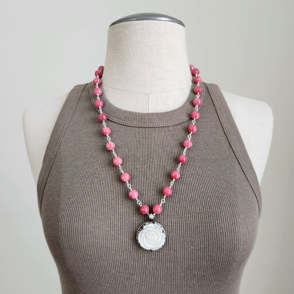 STRAWBERRY JADE NECKLACE WITH MOTHER OF PEARL ROSE PENDANT-25"