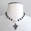 MATTE BLACK ONYX (8MM) NECKLACE WITH FOUR WAY MEDAL-16"