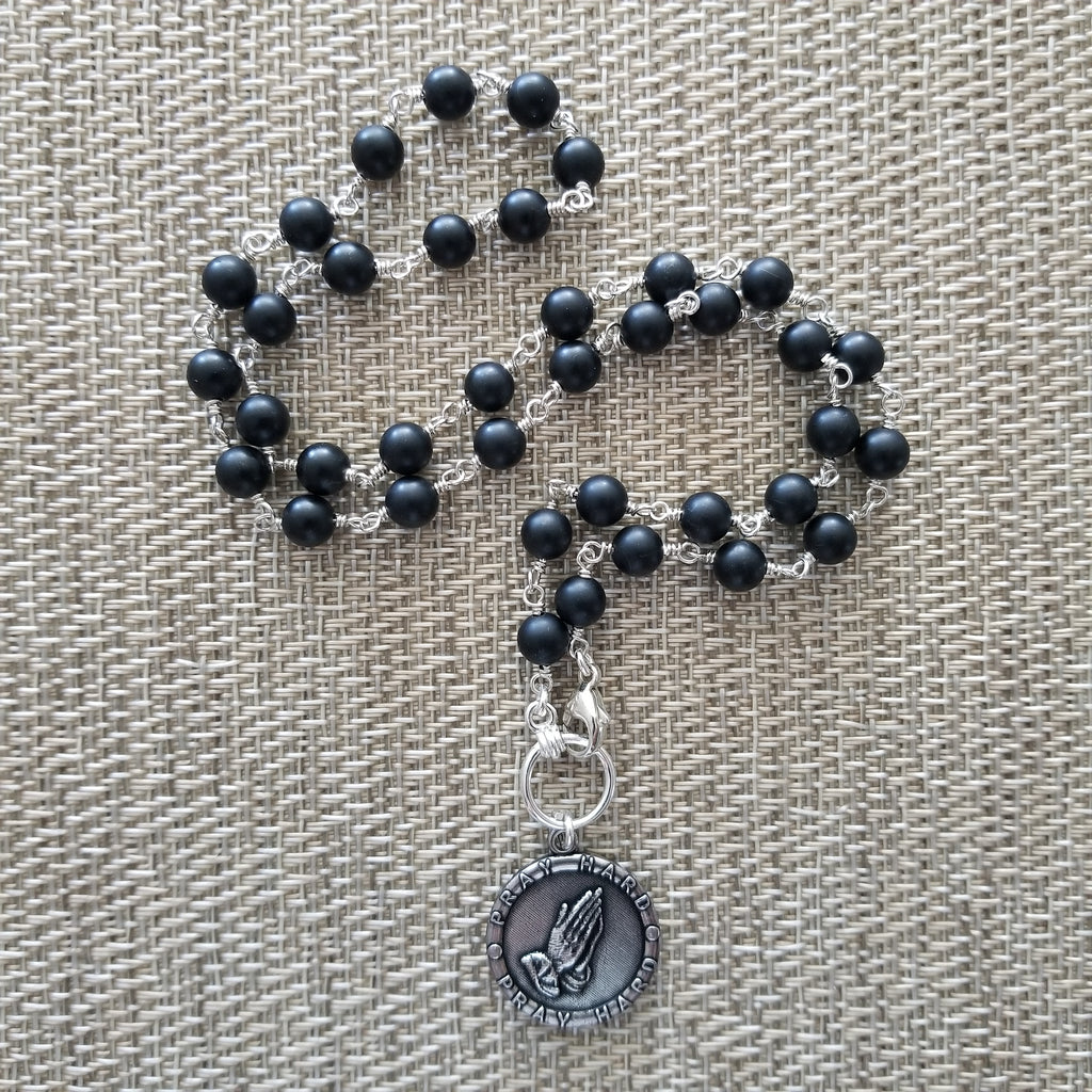 MATTE BLACK ONYX (6MM) NECKLACE WITH PRAYING HANDS CHARM-20"