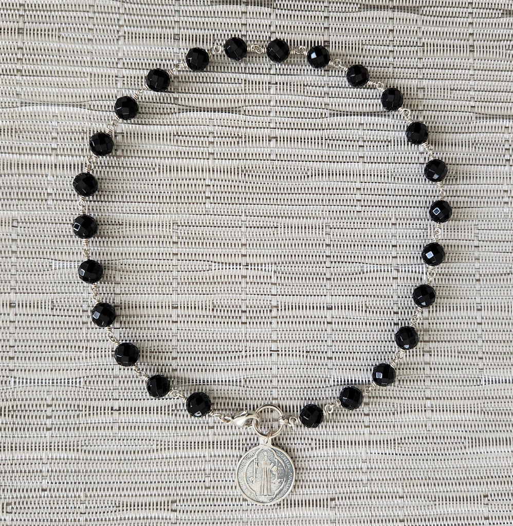 BLACK ONYX (8MM) NECKLACE WITH ST. BENEDICT MEDALLION-16"