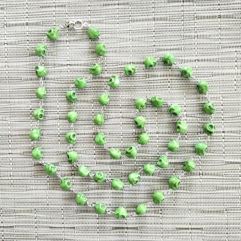 GREEN COLORED SKULL BEAD NECKLACE-37"