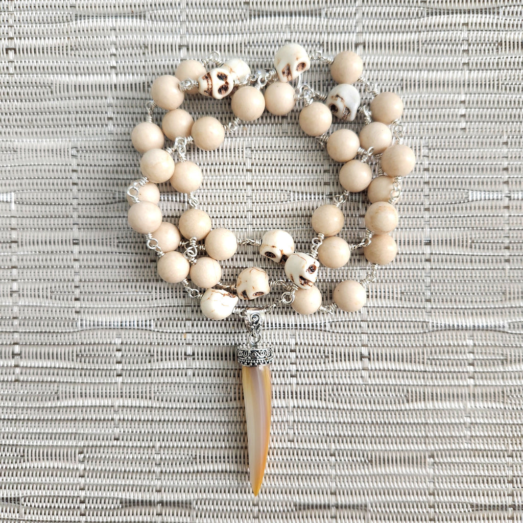 WOOD AGATE WITH SKULL BEADS NECKLACE-28"