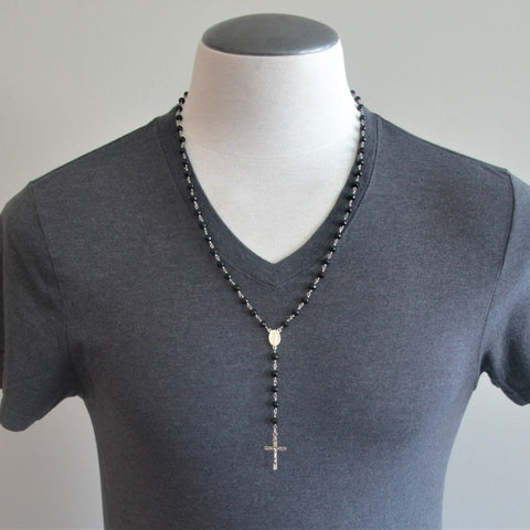 BLACK ONYX (6MM) DROP NECKLACE WITH CROSS PENDANT-27"